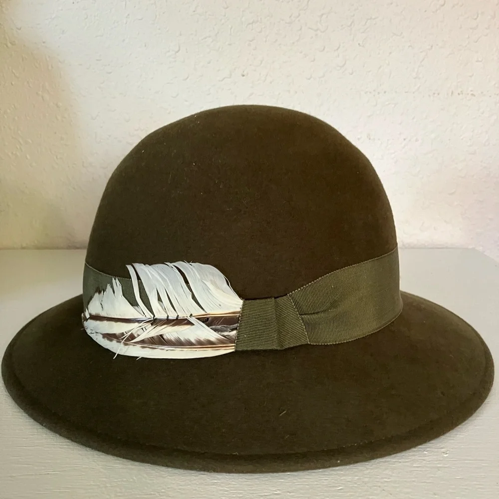 Halston Heritage Dark Green Hat with Feather Detail